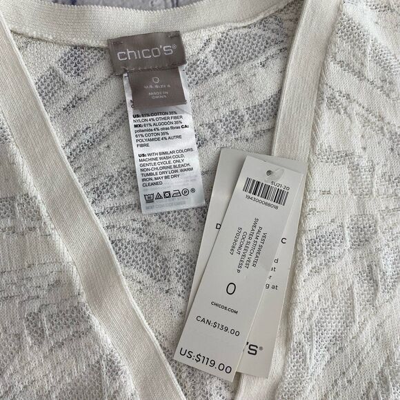 Chico’s Vest Sweater Women’s Size S Color Coconut Palm Stitch Sleeveless - Picture 10 of 10